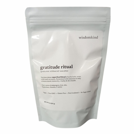 wisdomkind gratitude ritual white pouch with label
